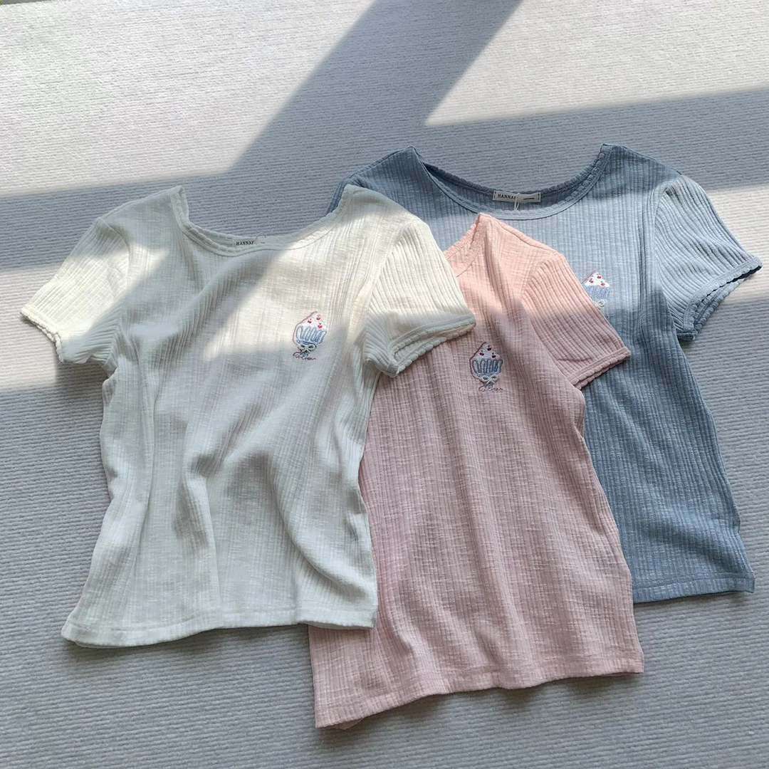 韩系夏季冰激凌竹节棉T