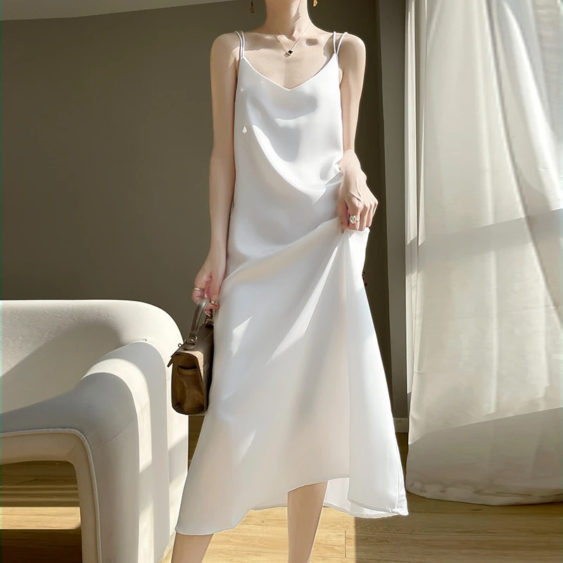 夏季新款缎面美背纯色连衣裙时尚百搭宽松显瘦A字裙法式小众