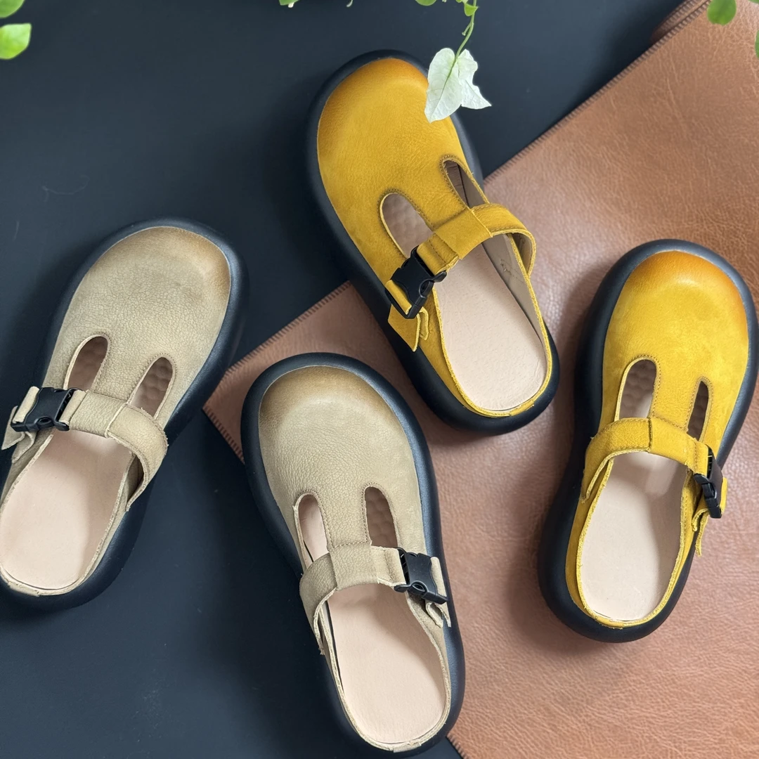 2025新款夏季外穿厚底复古轮胎底头层牛皮舒适透气半拖鞋