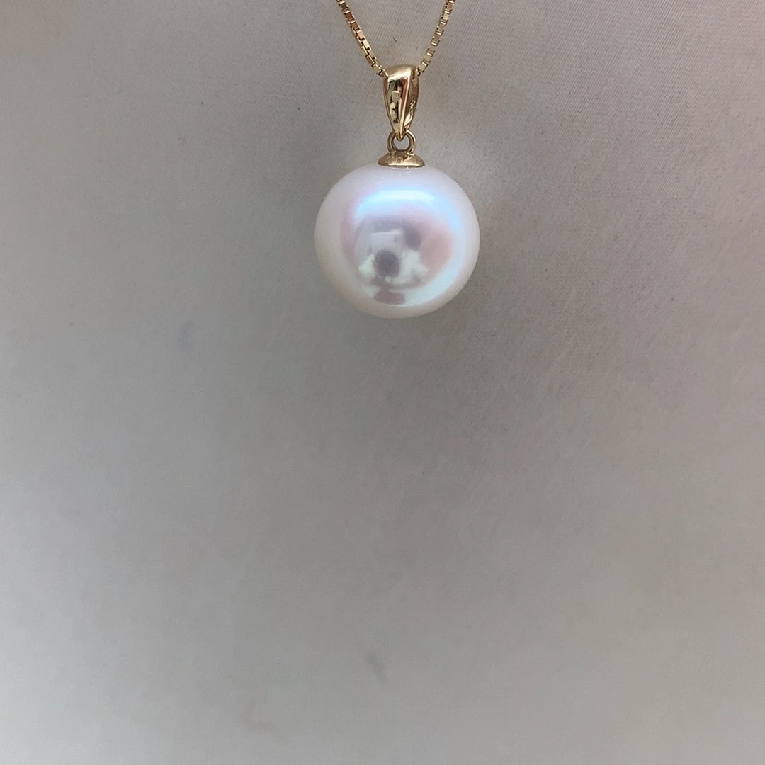 淡水珍珠18K金镶嵌吊坠(赠链)11-12mm瓜子扣