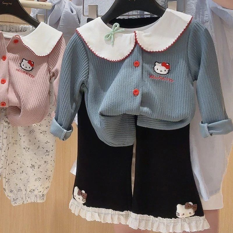 女童超萌洋气春秋开衫娃娃领上衣外套喇叭裤套装时尚儿童两件套