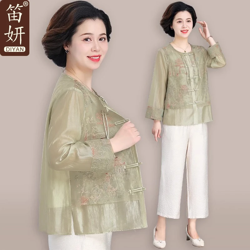 中年妈妈夏装上衣洋气国风衬衫外套中老年人春夏小衫套装两件套女