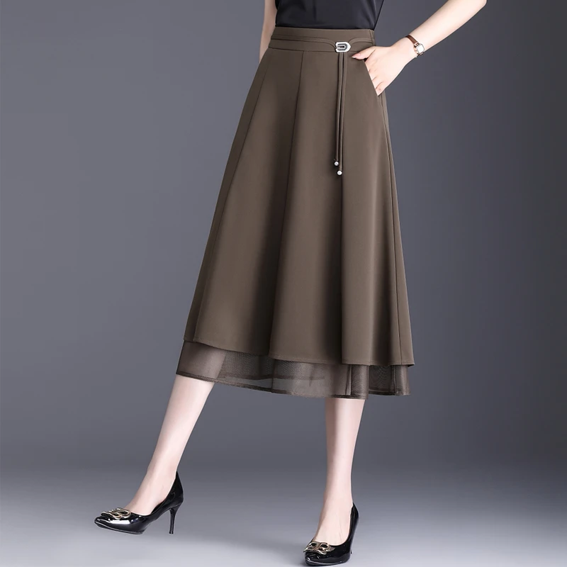 冰丝薄款网纱拼接半身裙女夏季2025新款高腰中长款A字裙显瘦伞裙