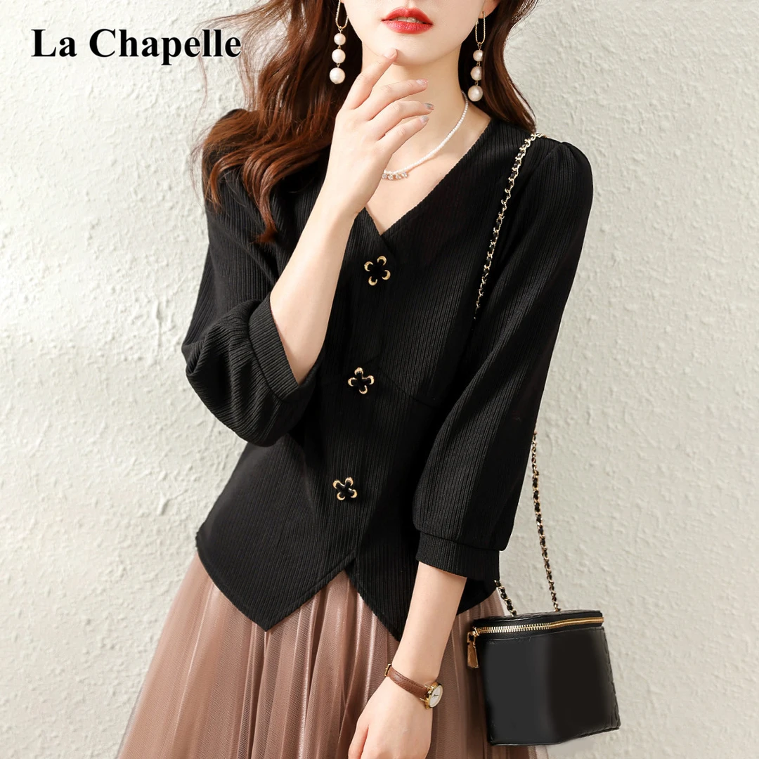 拉夏贝尔2025秋季款收腰显瘦新款洋气小香风七分袖衬衫女小众上衣