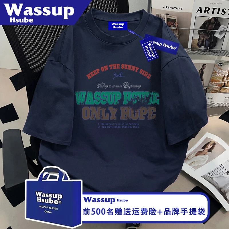 WASSUP HSUBE潮流创意印花半袖男女100%棉宽松T恤ins夏季藏青短袖