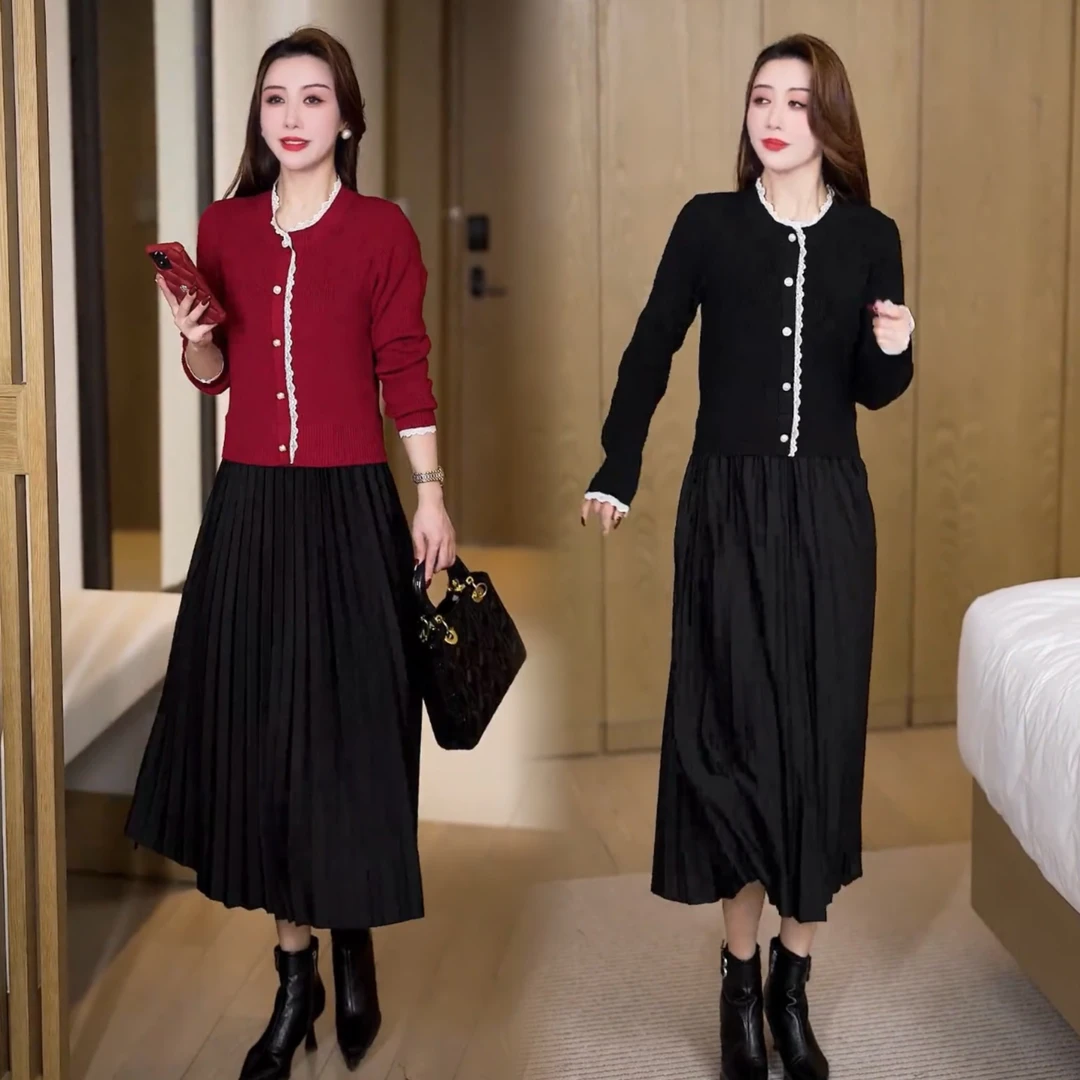 2025通勤拼接高腰圆领A字裙连衣裙春秋时尚修身秋季秋装