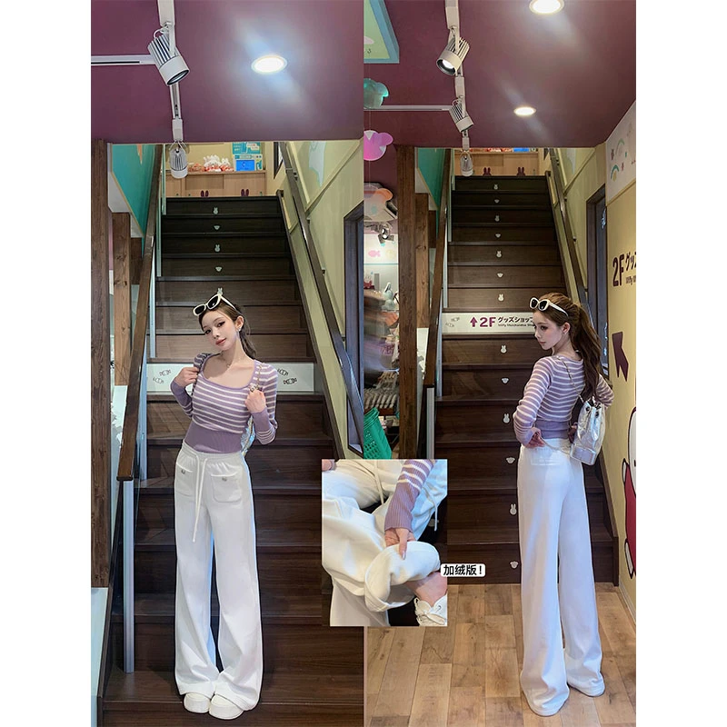 2025休闲风时尚洋气高级感条纹长袖上衣显瘦白色直筒阔腿裤套装女