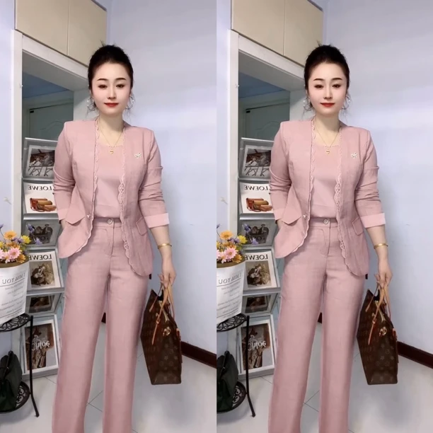 三件套2025春夏新款时尚蕾丝拼接开衫西服外套+裤子+背心气质显瘦