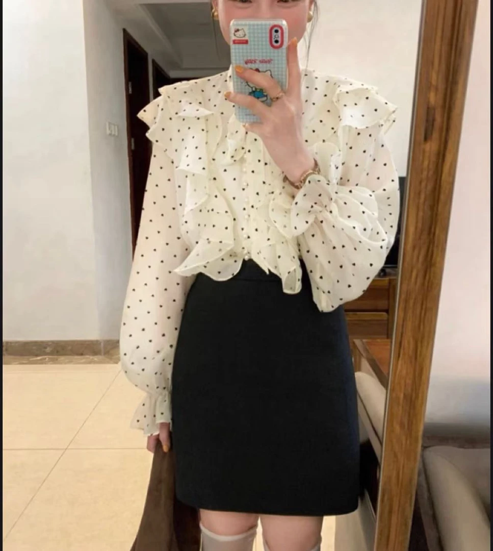 3783号#77035#春新款韩系花边波点长袖上衣A6-22