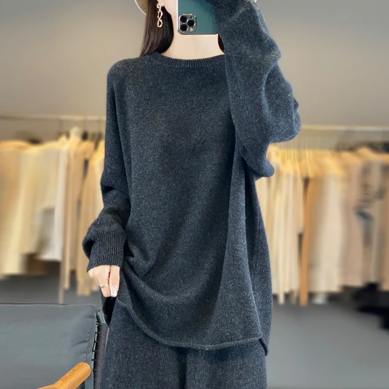 圆领加厚纯羊毛衫女宽松毛衣直筒裤两件套秋冬宽松裤子慵懒套装