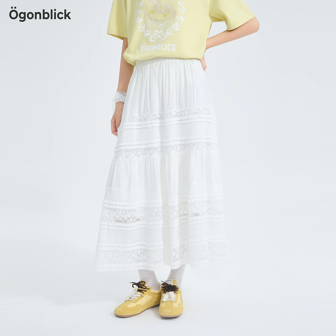 北欧时刻时尚拼接蕾丝蛋糕裙半身裙裙子镂空女装百褶高腰梭织
