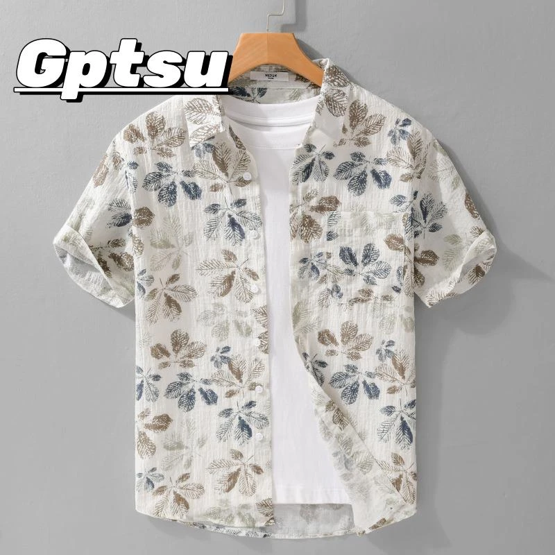 GPTSu夏季莱赛尔印花短袖薄衬衫潮男休闲宽松青年百搭上衣冰丝滑