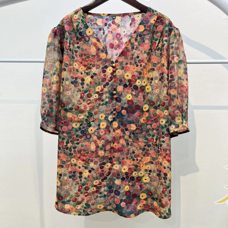 5548高档大码女装V领印花衬衫夏季新款碎花小衫显瘦短袖加肥上衣
