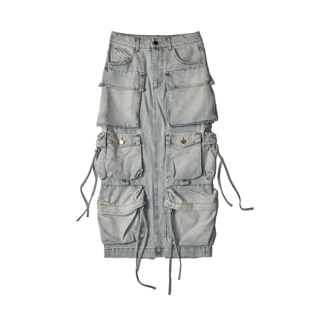 LUNAR NOSTALGIA潮流复古多口袋工装时尚水洗显瘦百搭牛仔半身裙