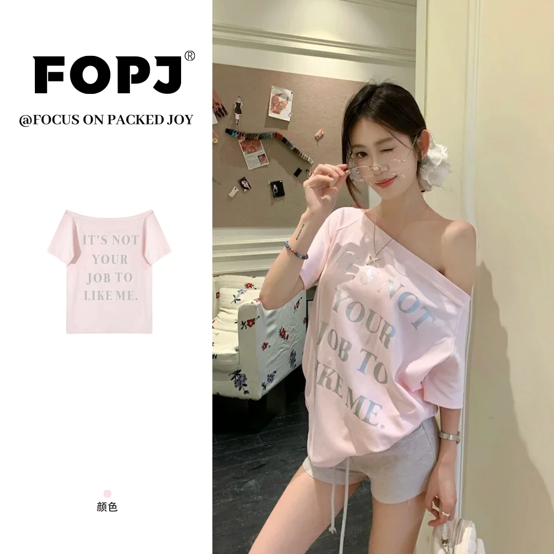 FOPJ夏季纯欲风一字肩斜肩t恤女字母印花短袖宽松百搭辣妹上衣