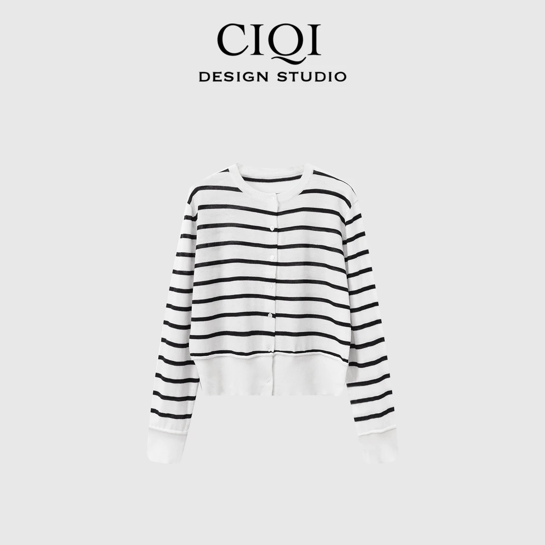 CIQI STUDIO【加州天使】圆领单排扣长袖条纹撞色套头针织衫20398