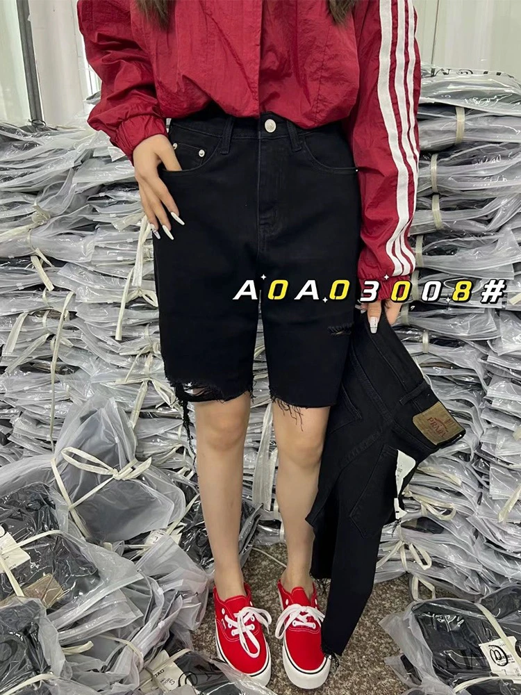 Mv aoao高腰弹力短裤牛仔裤夏季短裤黑色