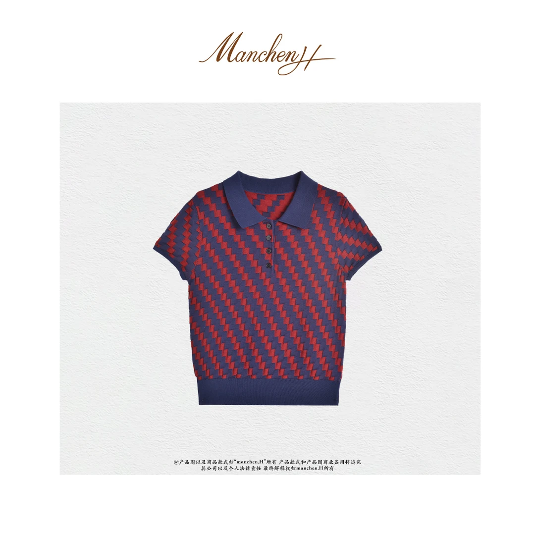 曼辰manchenh“老钱格调”重工立体编织格纹气质POLO领针织上衣