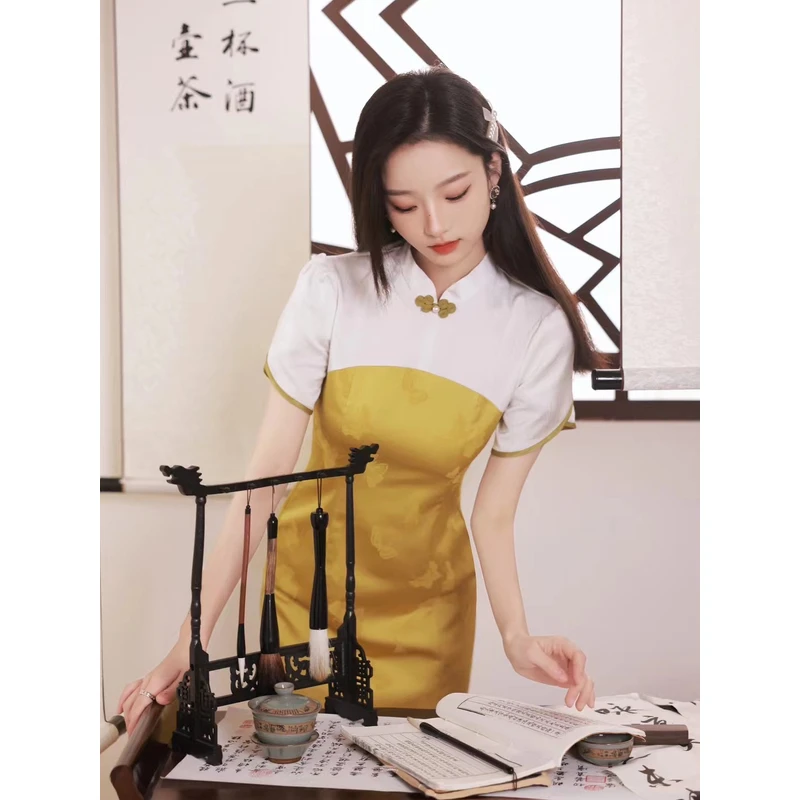 V-2523 蝶舞 锦缎提花 黄 夏款年轻款改良旗袍95cm短款