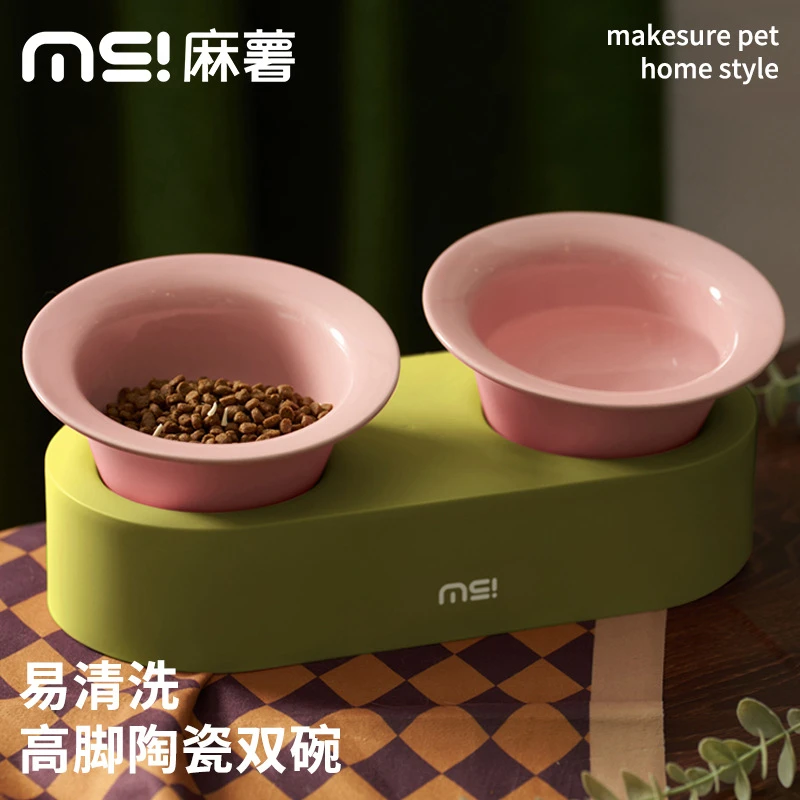 麻薯猫碗陶瓷猫食盆猫咪饭碗双碗斜口狗狗碗喝水碗保护颈椎宠物碗