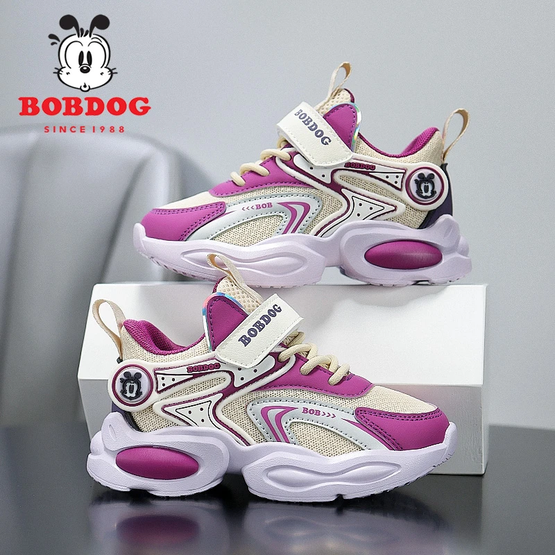 巴布豆男女童鞋春秋皮面中大童双网透气舒适休闲防滑软底运动鞋子