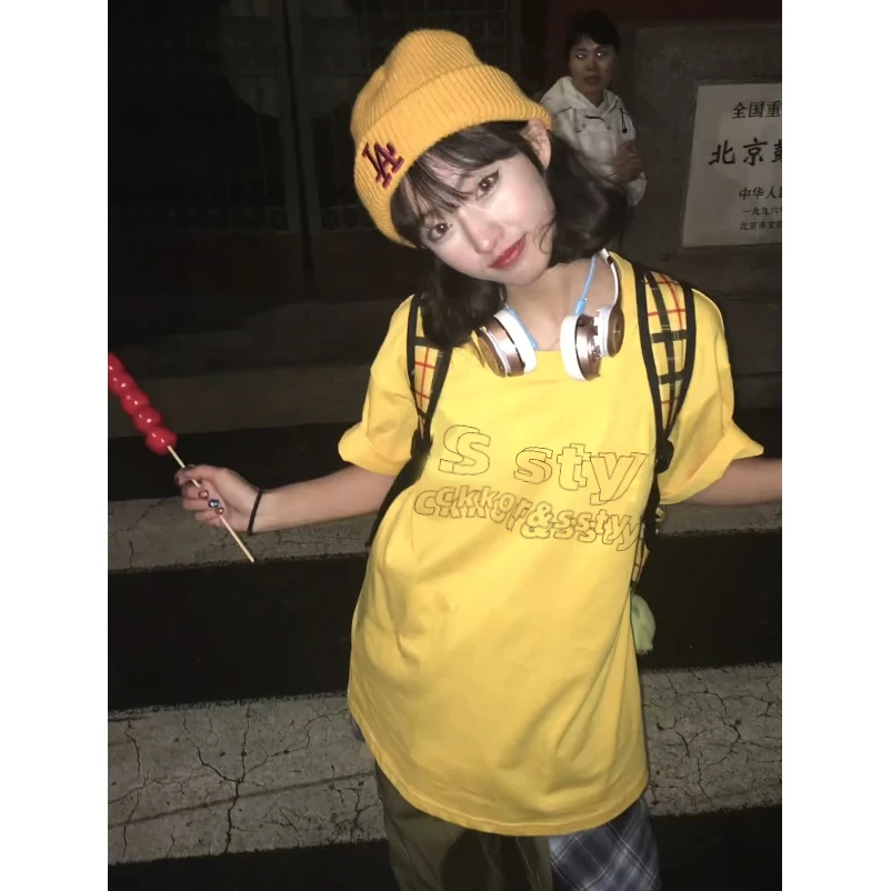 亮黄色短袖t恤女美式街头休闲百搭清凉小众宽松夏季情侣圆领