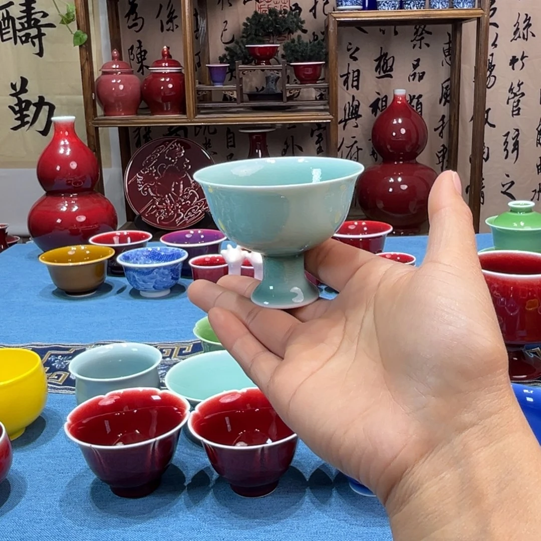景德镇陶瓷浅行窑琉璃绿高足杯