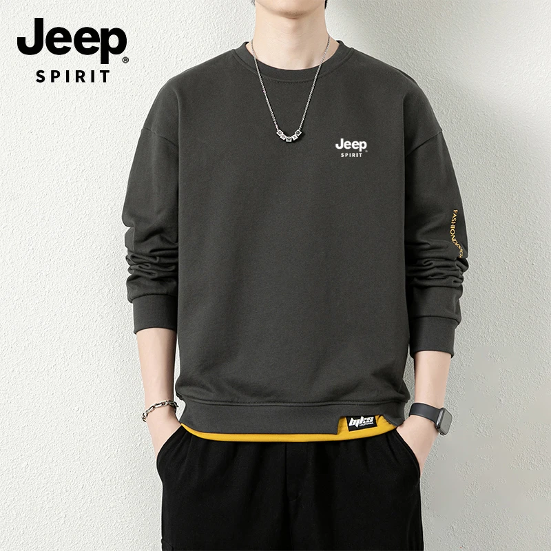 JEEPSPIRIT吉普男士圆领长袖卫衣秋冬百搭宽松大码休闲套头T恤衫