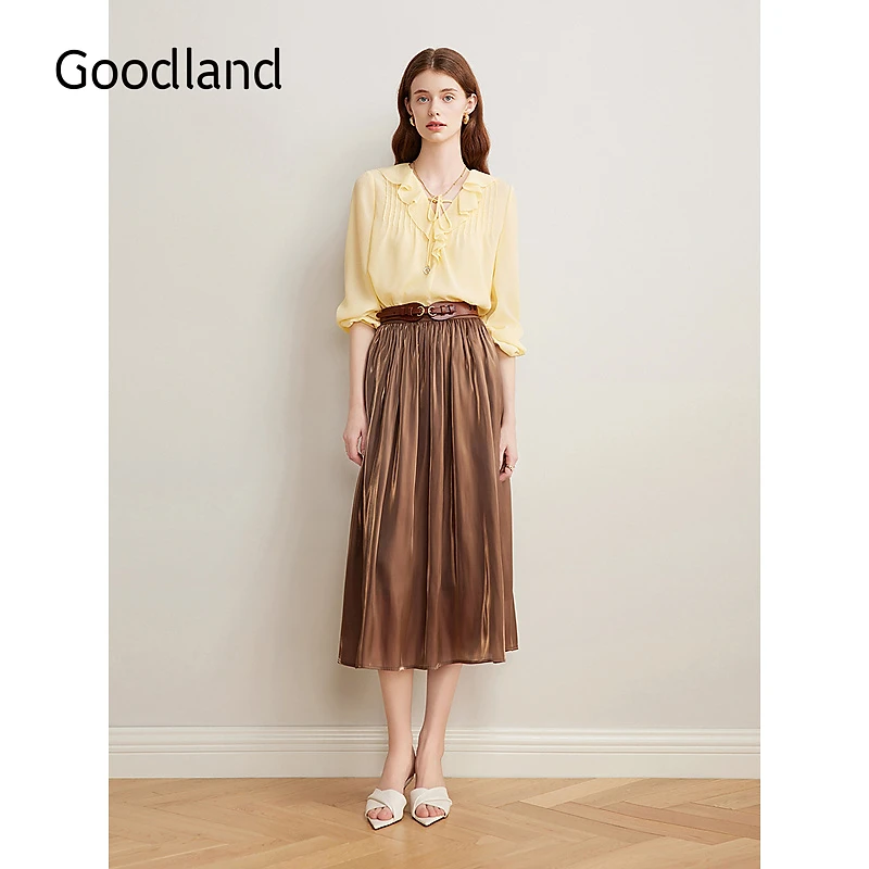 Goodland美地2025春季新款法式荷叶花边轻上衣灯笼袖雪纺质感衬衫