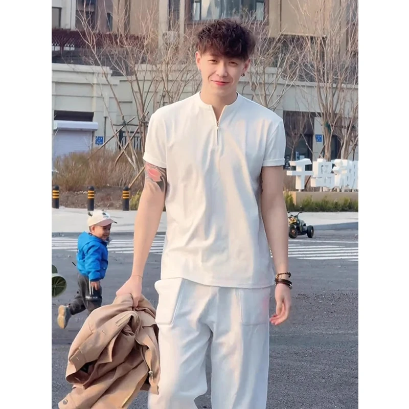 白色半拉链短袖男款夏季美式亨利领t恤高级感痞帅运动健身五分袖