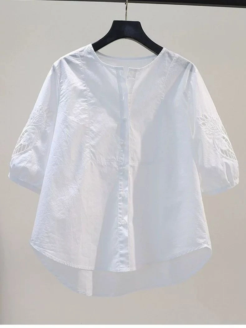 纯棉衬衫镂空绣花中袖女圆领宽松衬衣2025夏季爆款韩版小清新上衣