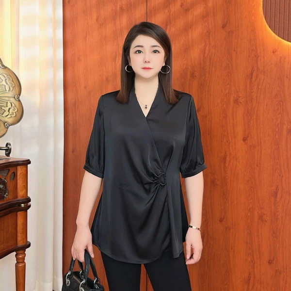 【小蛮腰】早春新款气质百搭显瘦立体收腰V领上衣短袖A47