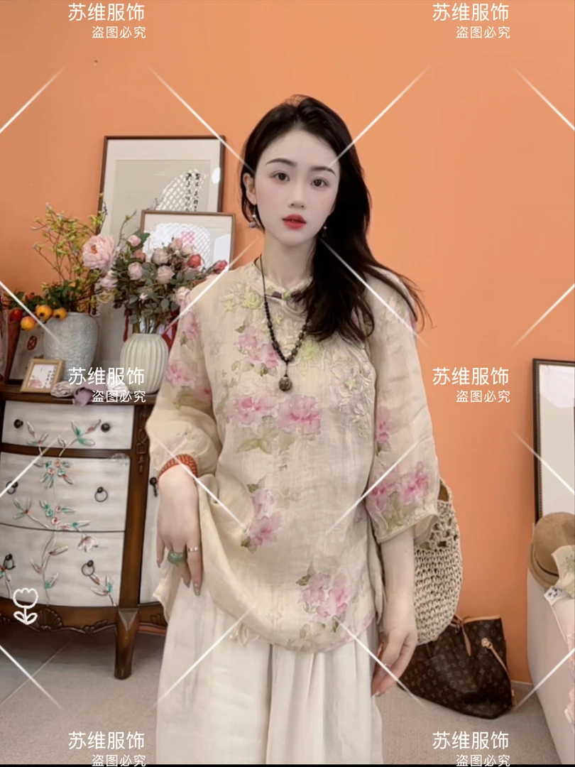 9365夏季宽松苎麻新中式五分袖圆领印花刺绣民族风衬衫