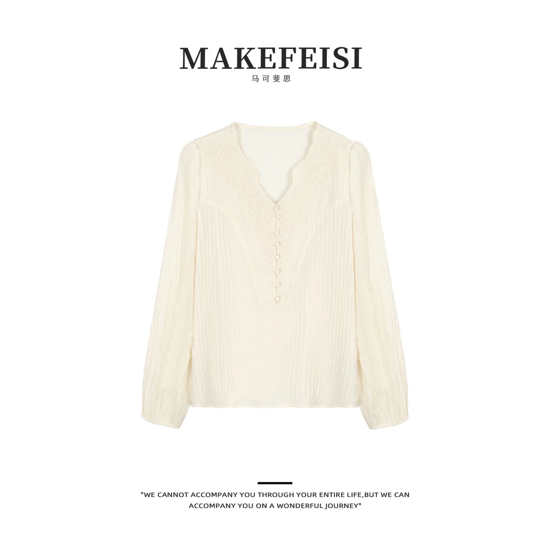 早春“新古典”重工刺绣V领法式复古衬衫SY815