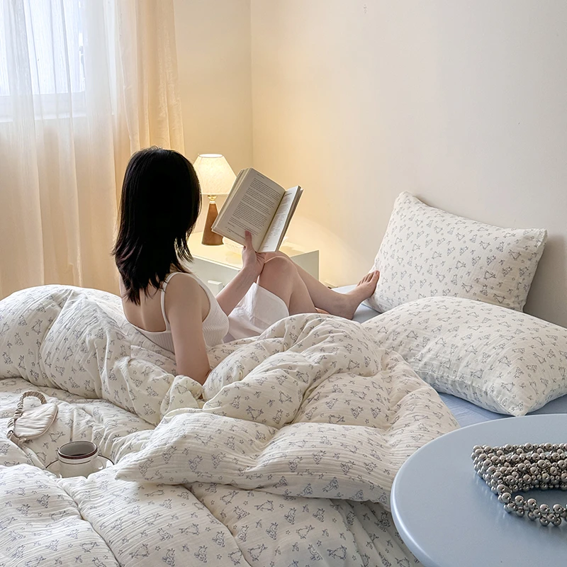 2025新款A类100%全棉双层纱皱皱纱印花四件套三件套四件套床笠