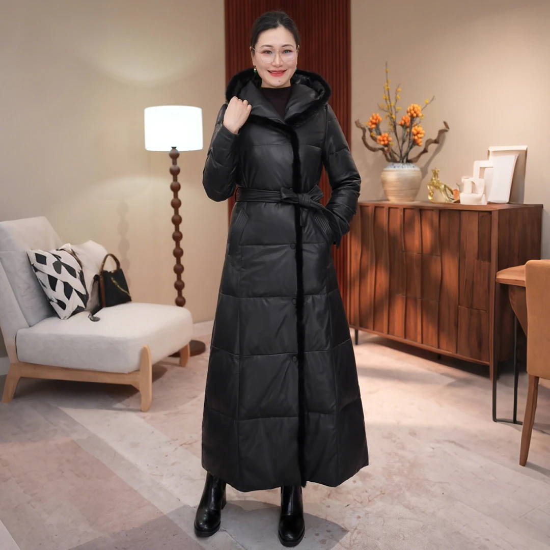 1.3米长真皮羽绒服女长款2025新款水貂门襟绵羊皮鹅绒服皮衣外套