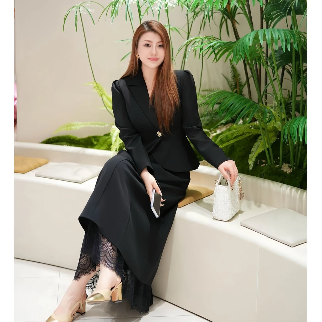 XYD71036/XYD71442高级质感西服优雅大码女装蕾丝西装裙两件套装