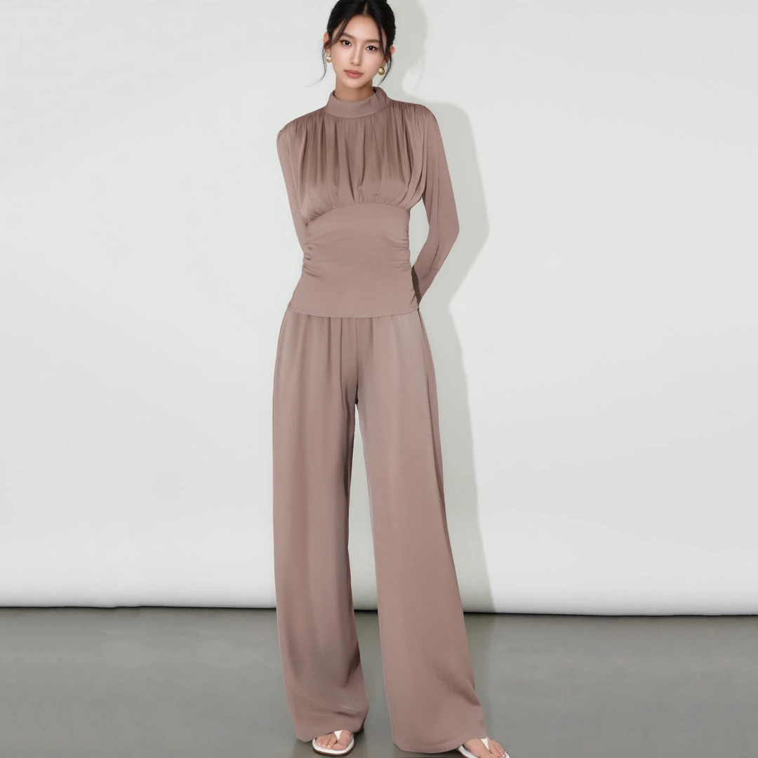 百搭设计褶皱时尚套装女长袖上衣高腰显瘦休闲裤两件套HBZC622181