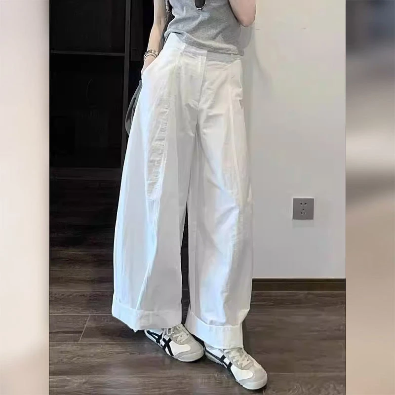 宽松时尚直筒裤子小个子韩系慵懒松弛感酷飒风白色工装阔腿裤女夏