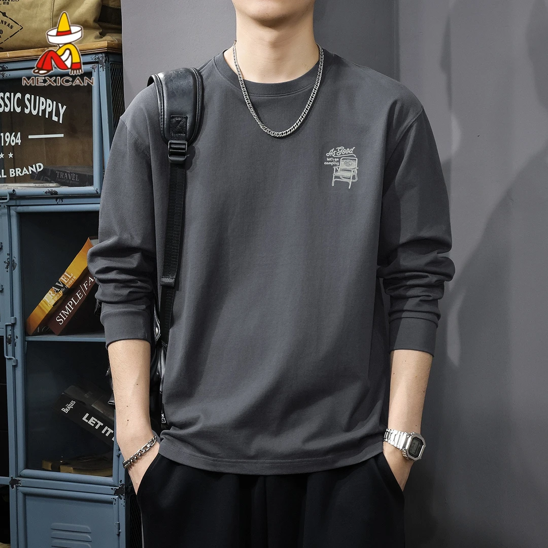 Mexican/稻草人冬季潮牌长袖t恤男士美式休闲圆领内搭打底衫上衣