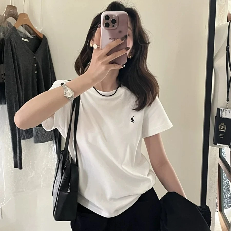 新款时尚百搭休闲圆领简约刺绣百搭正肩短袖T恤打底衫女纯棉内搭