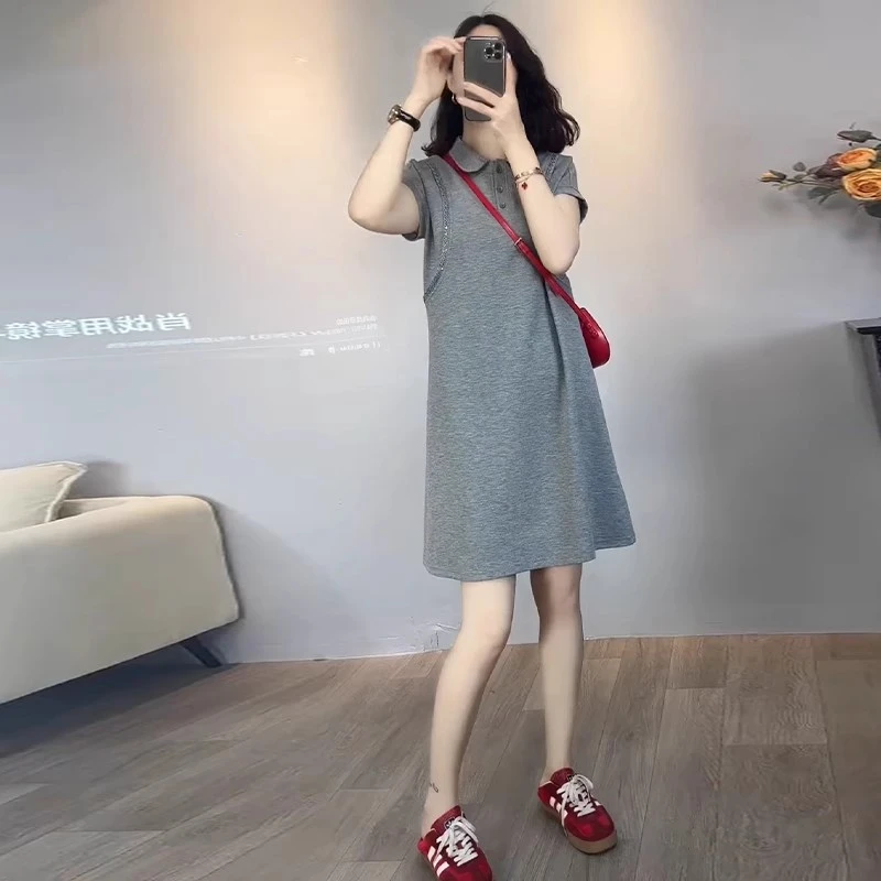 拉夏贝尔时尚后妈裙女2025年夏季新款设计感小众POLO领中长款裙子