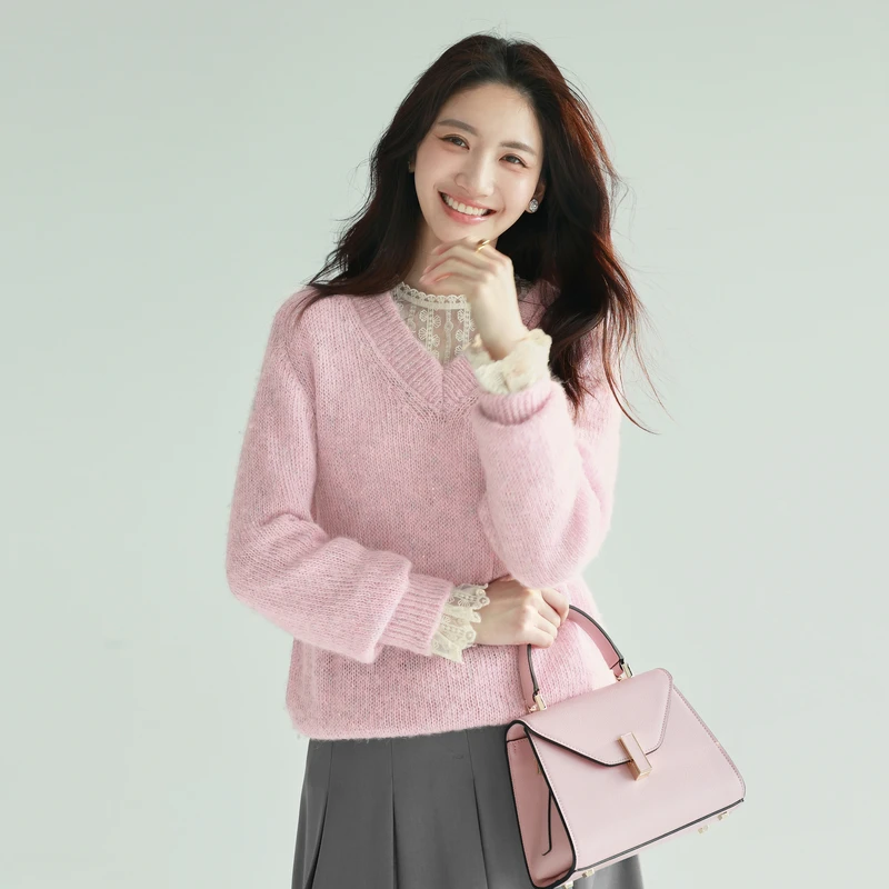 伊芙丽V领花纱钉珠温柔气质百搭套头针织衫上衣女25春季1G1930621