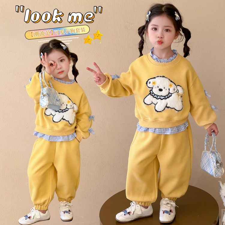 【小狗套装】女童休闲风春秋洋气韩版蝴蝶结格子领假两件卫衣套装