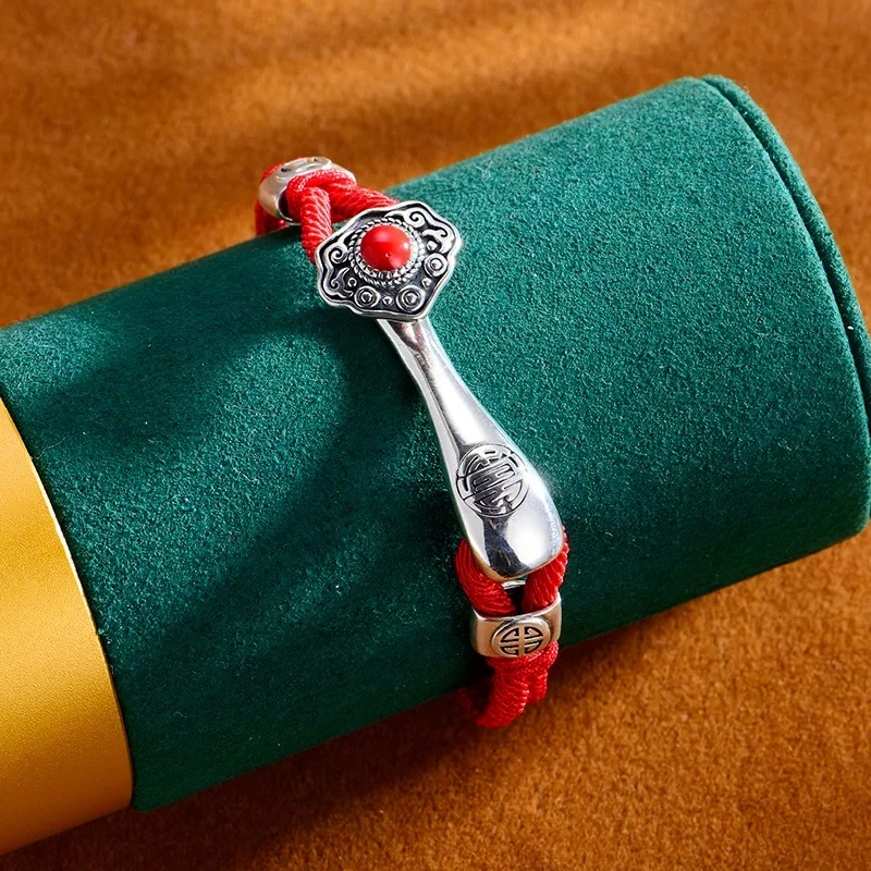 钨合金手链 666银制品叠戴手链本命年红绳时尚编织民族风