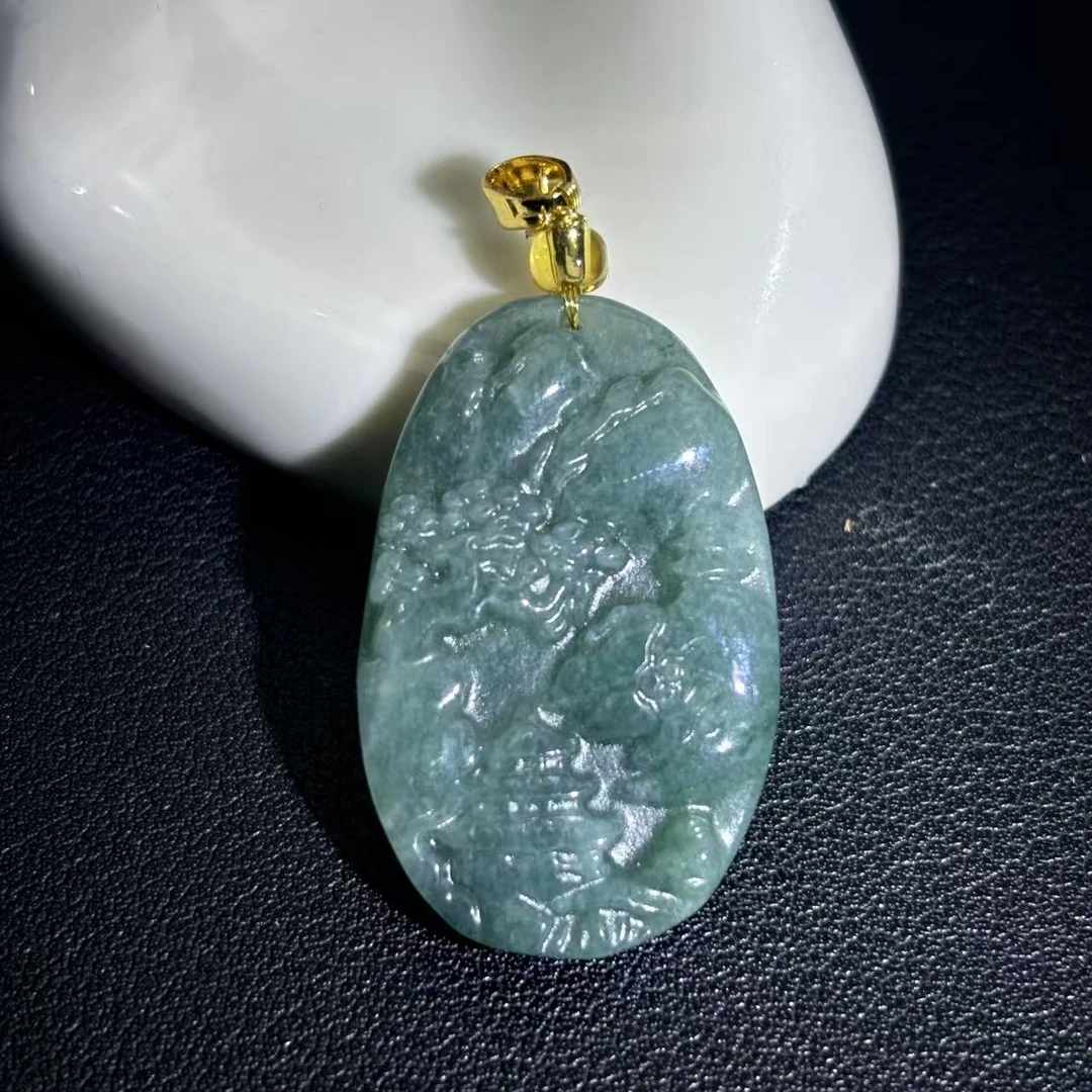 面面来财珠宝A5251-A货翡翠山水牌吊坠-配绳