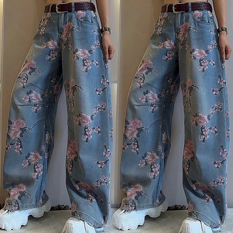 复古提花牛仔裤女2025夏季新款小众宽松高腰显瘦直筒拖地裤-7012
