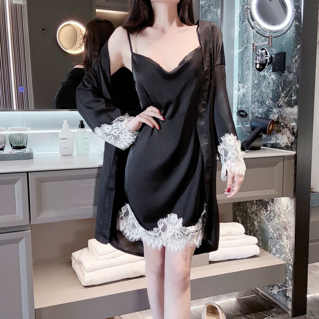 2025春秋新款冰丝性感睡裙女吊带睡袍两件套睡裙诱惑家居服浴袍女