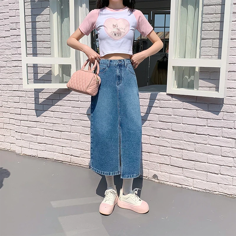 大码女装高腰中长款牛仔半身裙女2025夏季新款松紧腰七分八分裙