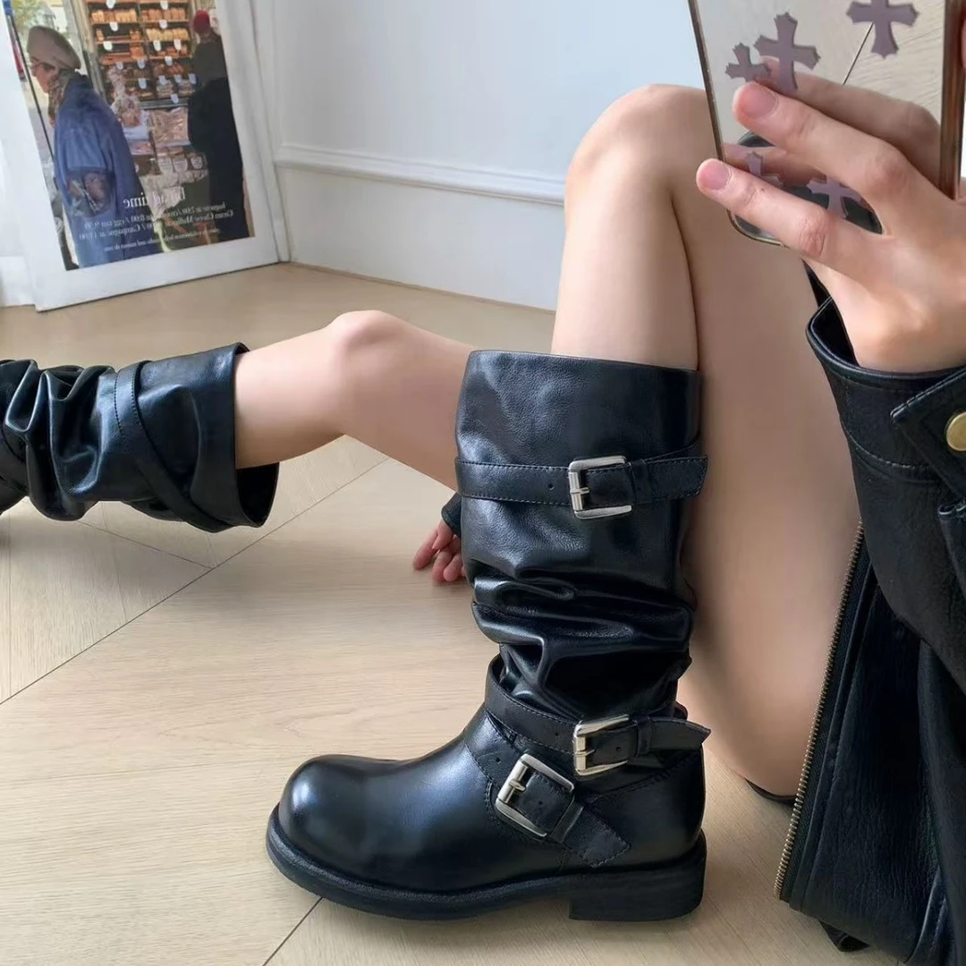 经典款2025骑士靴马丁靴高筒纯色皮带扣靴堆堆靴皮靴复古擦皮